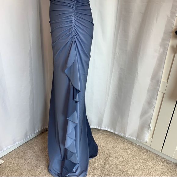 Bellissima Blue ombre halter top ruched side ruffle formal bridesmaid prom gown - Picture 5 of 12